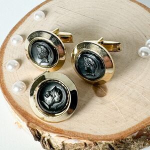 Vintage Roman Emperor Cufflinks Tie Clip Set Gold Tone